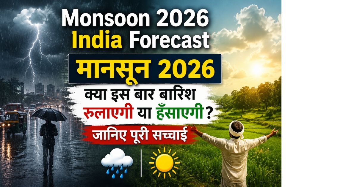 Monsoon 2026 India Forecast showing contrast between heavy rainfall and sunny weather conditions in India with farmer and city rain scene
