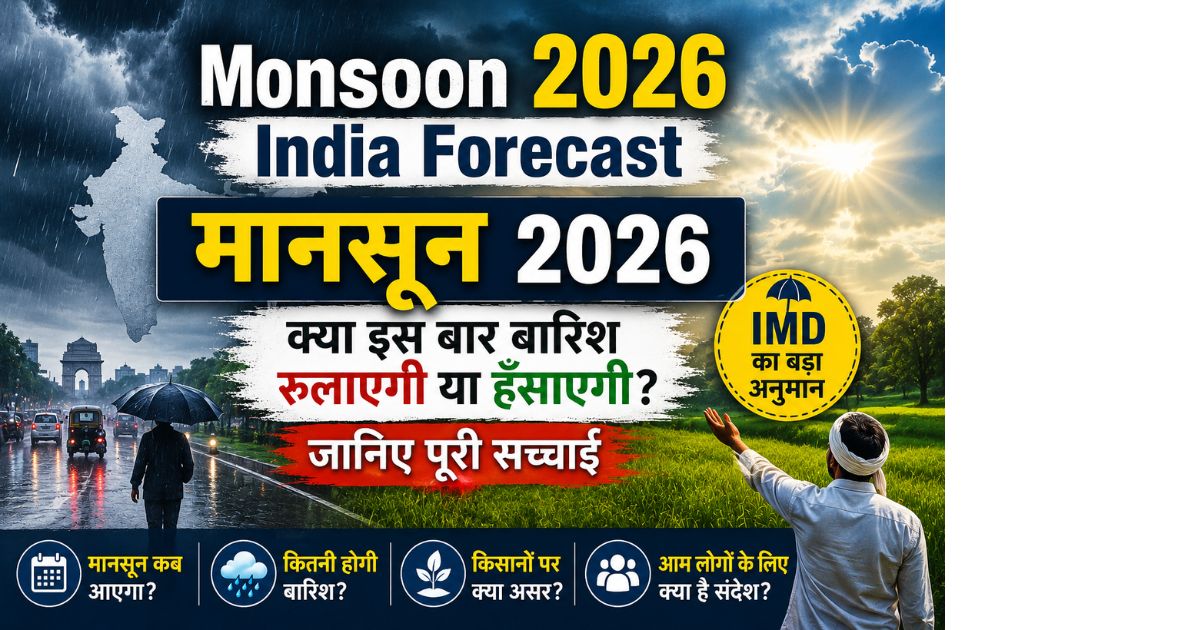 Monsoon 2026 India Forecast showing contrast between heavy rainfall and sunny weather conditions in India with farmer and city rain scene