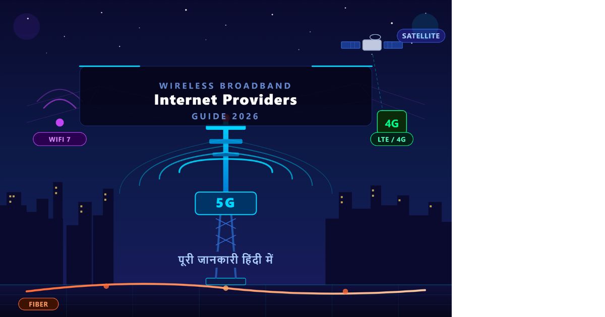 Wireless broadband internet providers 2026 – 5G tower, satellite, fiber aur WiFi 7 ka cinematic illustration