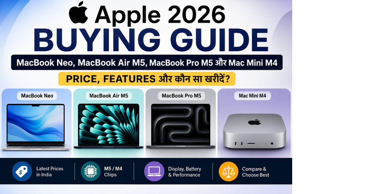Apple 2026 Buying Guide showing MacBook Neo, MacBook Air M5, MacBook Pro M5 and Mac Mini M4 comparison with price and features