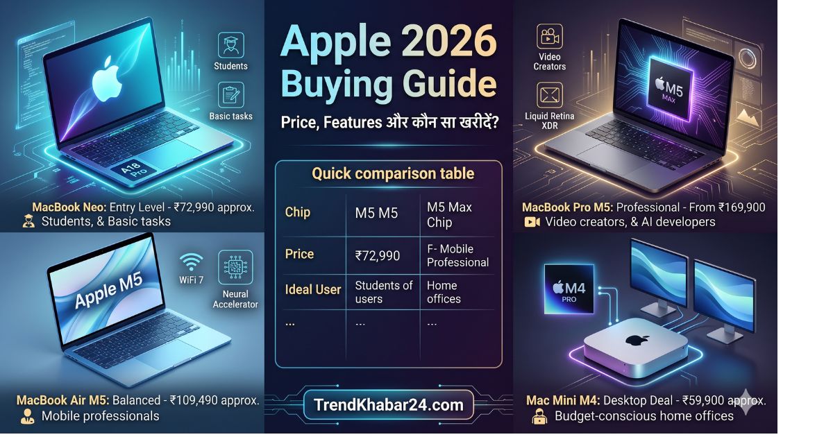 Apple 2026 Buying Guide showing MacBook Neo, MacBook Air M5, MacBook Pro M5 and Mac Mini M4 comparison with price and features